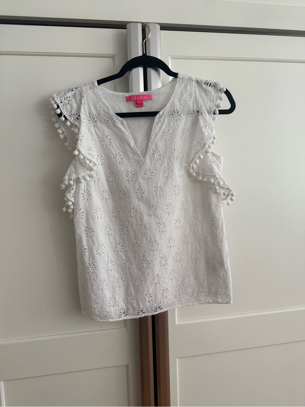Lilly Pulitzer White Eyelet Pom-Pom V-Neck Camisole